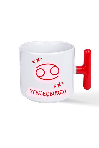 NACARLAR Red T-Handed Mug with Special Printed Cancer Zodiac Sign
