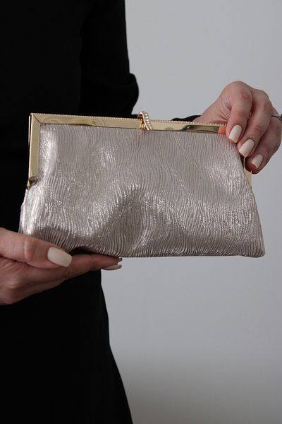 Mimoza Women's Gold Glitter Textured Metal Framed Evening Dress Clutch Bag with Stone Detail