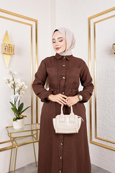 HARMAN BUTİK Γυναικείο φόρεμα με λεπτομέρεια τσέπης με ελαστική μέση καφέ