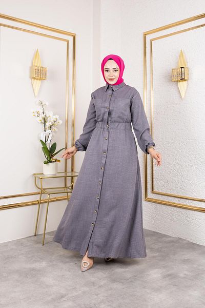 HARMAN BUTİK Women's Pocket Detailed Buttoned Waist Elastic Gray Dress