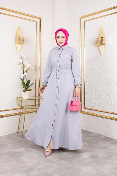 HARMAN BUTİK Women's Pocket Detailed Buttoned Waist Elastic Gray Dress
