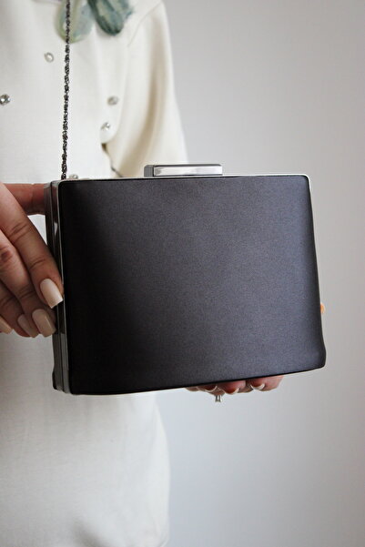 Mimoza Women's Black Metal Handle Satin Evening Dress Bag 3 Different Uses – Night and Invitation Bag