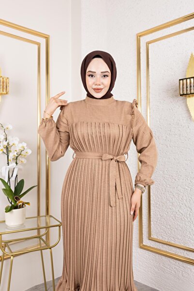 HARMAN BUTİK Γυναικείο βολάν Λεπτομερές Μπεζ λινό φόρεμα με ζώνη