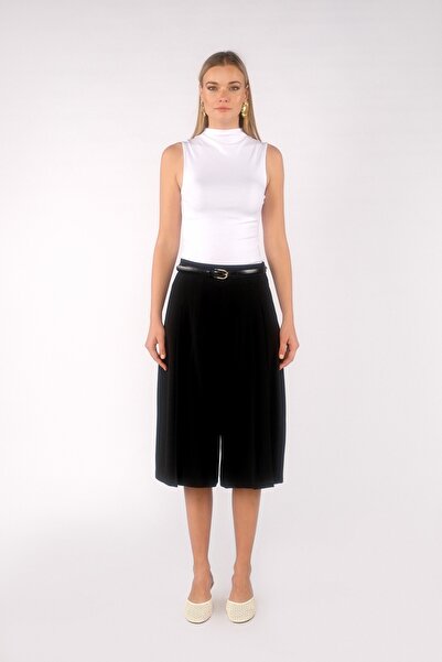 GLENDA Siyah Pile Detaylı Bol Kesim Midi Pantolon