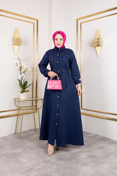 HARMAN BUTİK Women's Pocket Detailed Buttoned Navy Blue Dress with Elastic Waist