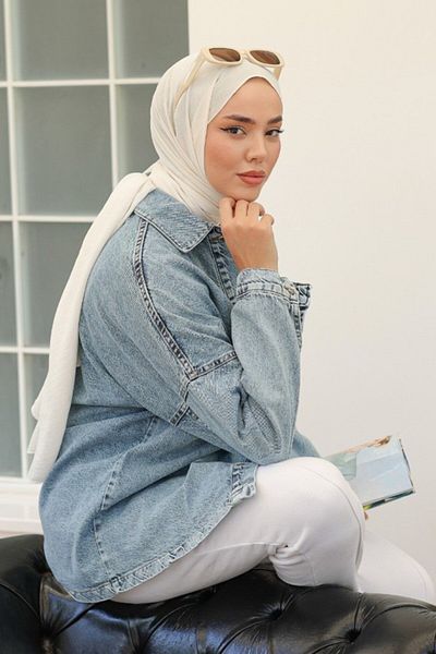 TOFİSA Women's Oversize Pocket Detail Denim Shirt Jacket Light Blue - 26571