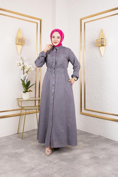 HARMAN BUTİK Women's Pocket Detailed Buttoned Waist Elastic Gray Dress