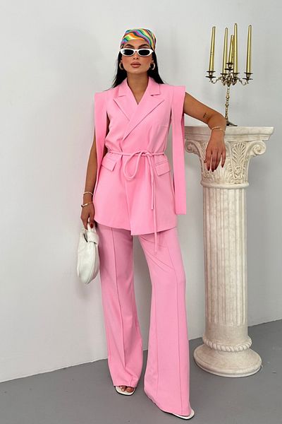 spirituel Women's Top and Bottom Double Suit Shoulder Detailed Belted Vest Pants Suit