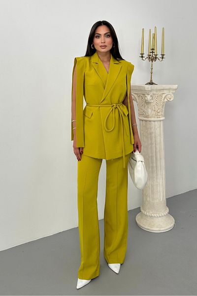 spirituel Women's Top and Bottom Double Suit Shoulder Detailed Belted Vest Pants Suit