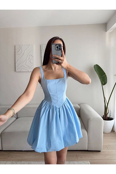 Zoom Butik Waist Corset Balloon Skirt Dress - Blue