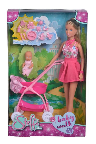 Simba STEFFI DOLL IN PINK DRESS AND WITH BABY STROLLER