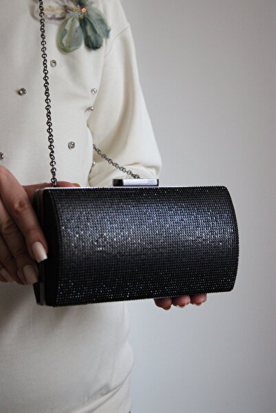 Mimoza Women's Black Stone Detailed Oval Evening Dress Hand and Shoulder Bag