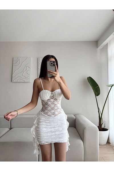 Zoom Butik Gloplu Lace Strap Dress - White