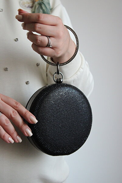 Mimoza Women's Black Round Stone Detailed Bracelet Handle Evening Dress Clutch Bag