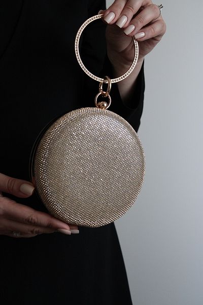 Mimoza Women's Gold Round Stone Detailed Bracelet Handle Evening Dress Clutch Bag
