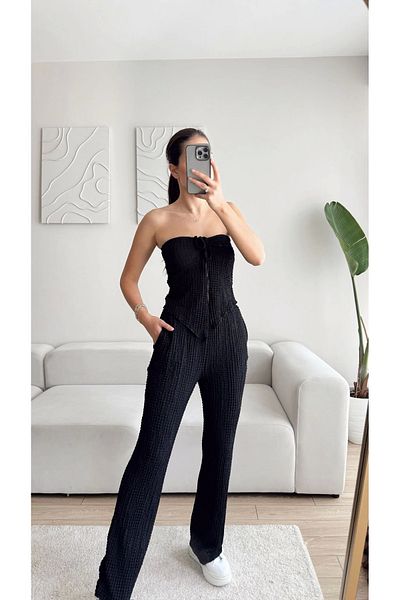 Zoom Butik Front Tie Crop & Pants Set - Black