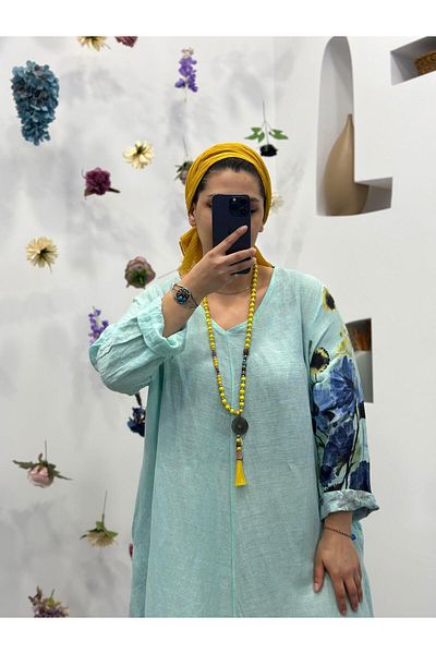 Ranasubaşı Floral Patterned Long Linen Dress Water Green