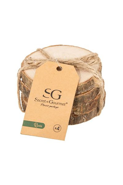Secret de Gourmet Set of 4 glass coasters, Bark, wood, 10 x 1.3 cm