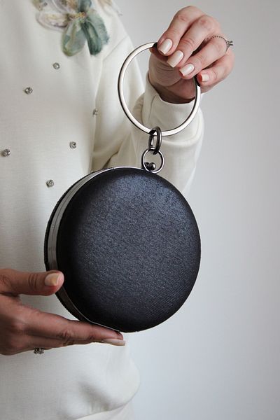 Mimoza Women's Black Round Stone Detailed Bracelet Handle Evening Dress Clutch Bag