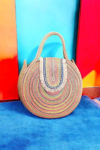 CollessiaHome Natural Handmade Colorful Covered Jute Straw Bag Rope Bag Daily Bag - 25 cm