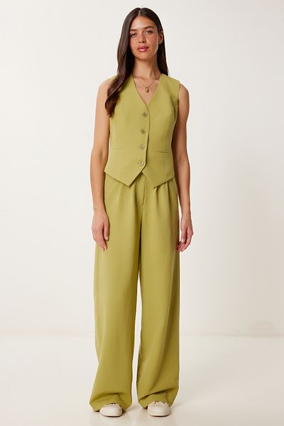 Lovelyİstanbul Linen Vest Pants Suit Oil Green Lrv0106