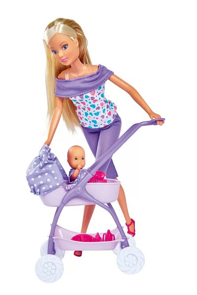 Simba STEFFI DOLL IN PURPLE TROUSERS AND WITH BABY STROLLER