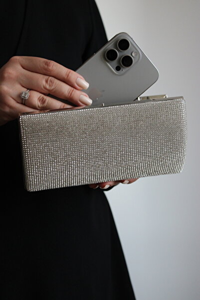 Mimoza Women's Silver Stone Detailed Oval Evening Dress Hand and Shoulder Bag