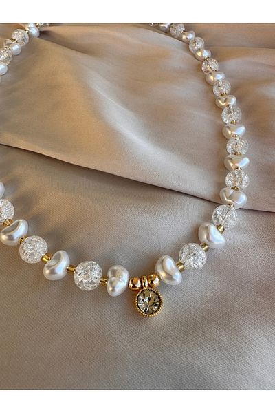 HERCY Baroque Pearl and Broken Glass Beaded Zircon Stone Necklace |   White Necklace |   Solitaire Necklace