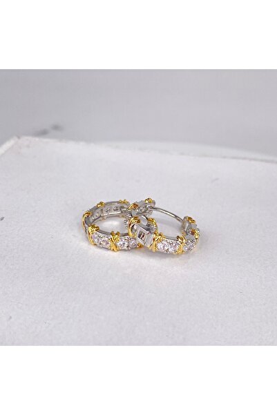 Alsem 925 Gümüş Taş İşlemeli Gold Şeritli Küpe , Özel Model X Model Su Yolu Küpe