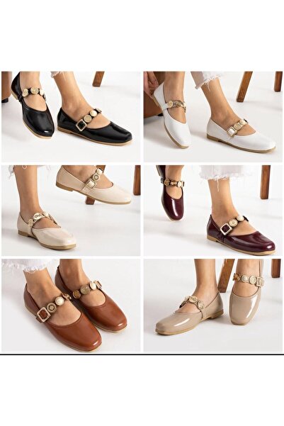 FLARF Günlük Kadın Babet Bej Rugan Altın Para Inci Toka Ses Yapmaz Ortopedik Hafif Rahat Ayakkab