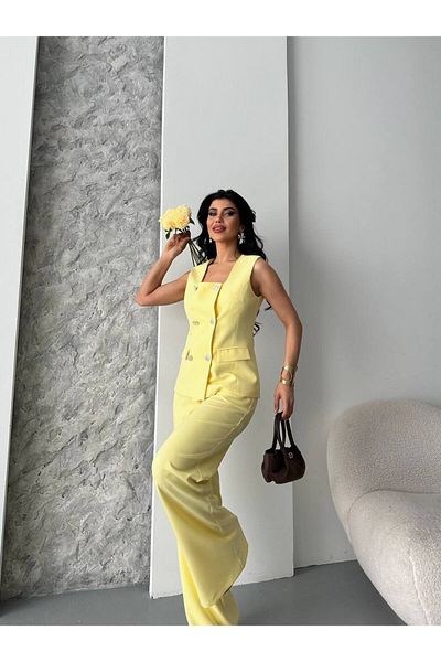 VZ BUTİK Women's Bottom Top Double Set Stylish Button Detail Square Neck Vest Pants Set