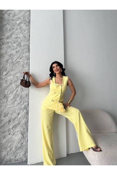 VZ BUTİK Women's Bottom Top Double Set Stylish Button Detail Square Neck Vest Pants Set