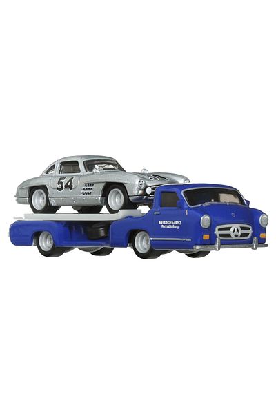 HOT WHEELS MERCEDES-BENZ 55 BLAUES WUNDER TRANSPORTER WITH MERCEDES-BENZ 300 SL CAR SCALE 1:64