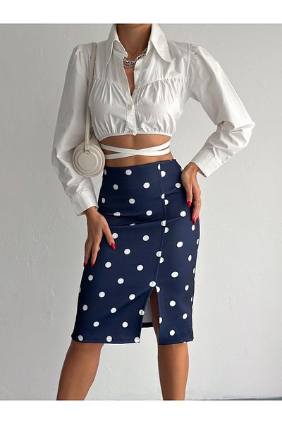 MaxiMor Women's Navy Blue Color Polka Dot Elastic Waist Slit Pencil Skirt Length 65 cm