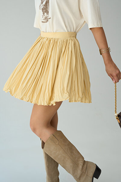 LOOSH Kadın Limon Sarı Pileli Çift Kat Mini Etek