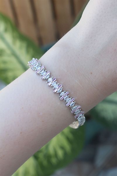 Skygo Vip Series Brass Pink Zircon Stone Silver Color Baguette Model Bracelet