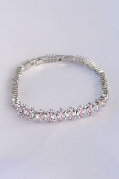 Skygo Vip Series Brass Pink Zircon Stone Silver Color Baguette Model Bracelet