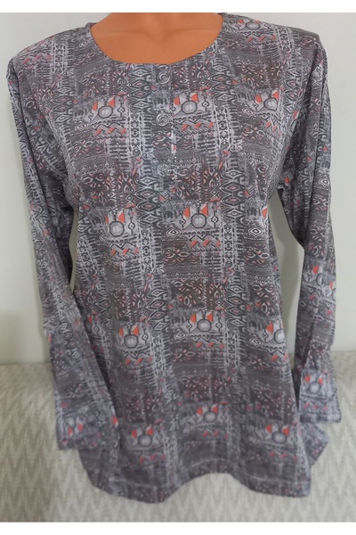 Anne بلوزة من القطن الممشط بطبعة ورقية للأم بأكمام طويلة و3 أزرار