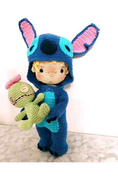 Superbaby Stitch doll with removable jumpsuit and toy made of mercerized cotton