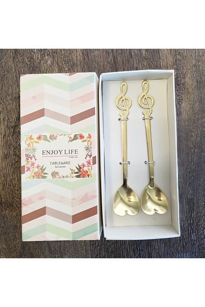 LOVYCO Pack of 2 Melody, Note Key Shaped Heart Tip Mini Coffee, Tea Presentation Spoon 1 Piece 13.5 cm