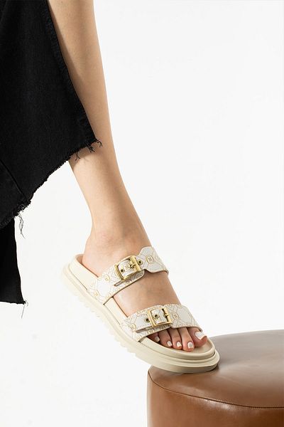 TubiBella Beige Slippers with Gold Buckle Pattern