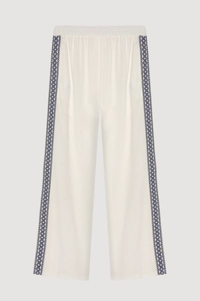 Quzu Strip Embroidered Elastic Waist Wide Leg Trousers Ecru