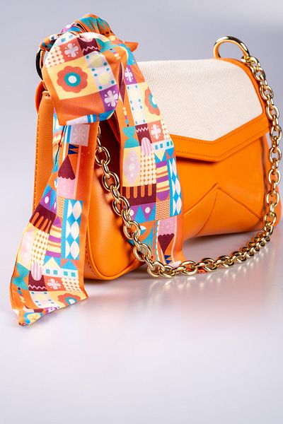 Oblavion Orange Vegan Leather Adjustable Hand and Shoulder Bag with Scarf Gift and Canvas Detail
