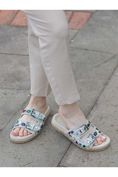 EREN SHOES BAG Beliz Genuine Suede Leather Adjustable Buckle Strap Orthopedic Women's Stone Slippers