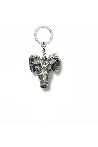 Herşey Nota Silver Color Gothic Unisex Keychain with Horned Goat Figure – Metal Accessory with Horned Goat Design