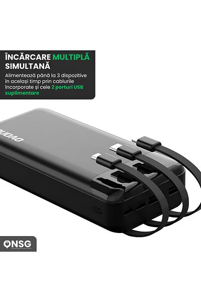 DUDAO External Powerbank K6pro 20000mah With 3 Integrated Cables Usb Type C, Micro Usb, Black