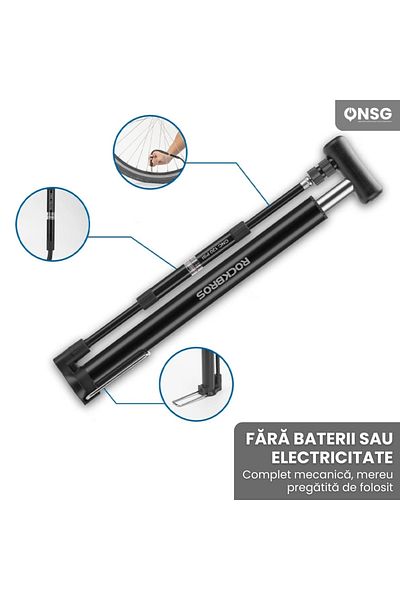 ROCKBROS Portable Bicycle Hand Pump, Presta Schrader Valve, Accessories Included, 120 Psi, Black