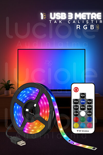 luciole RGB Şerit LED Işık 3 Metre | USB Girişli Kumandalı Ambiyans Lamba – TV Arkası & Lambader Alternatifi