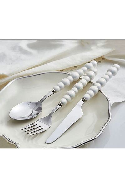Snow Homs 18 Piece Porcelain White Pearl Stone Detailed Spoon, Fork, Knife Set