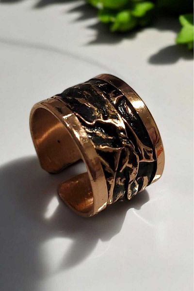 Öze Aksesuar 100% Pure Copper Bracelet and Ring Set Handcrafted Wrinkled Model